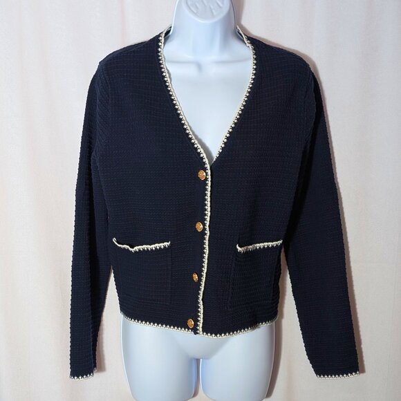 SIMONS CONTEMPORAINE Cropped cardigan Sz MED 100% COTTON ENGRAVED METAL BUTTONS - Picture 1 of 10